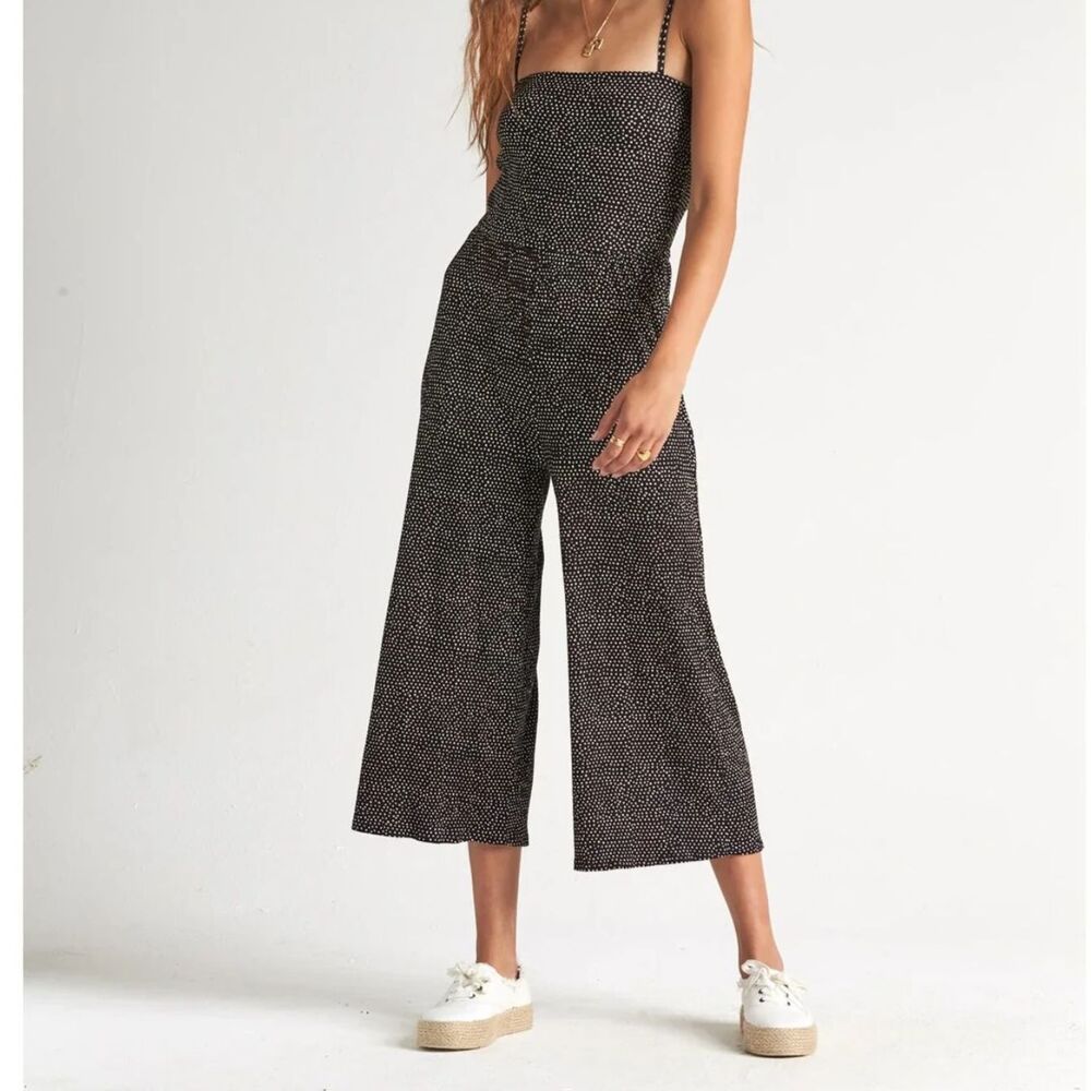 Billabong Try Me Jumpsuit Cropped Wide Leg Black/white dots  Small EUC